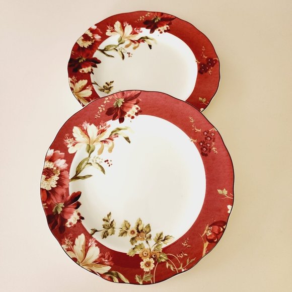 222 Fifth Fleur Rouge Dinner Plates 11” set of 2 Summer Botanical Lutece series - Picture 2 of 10